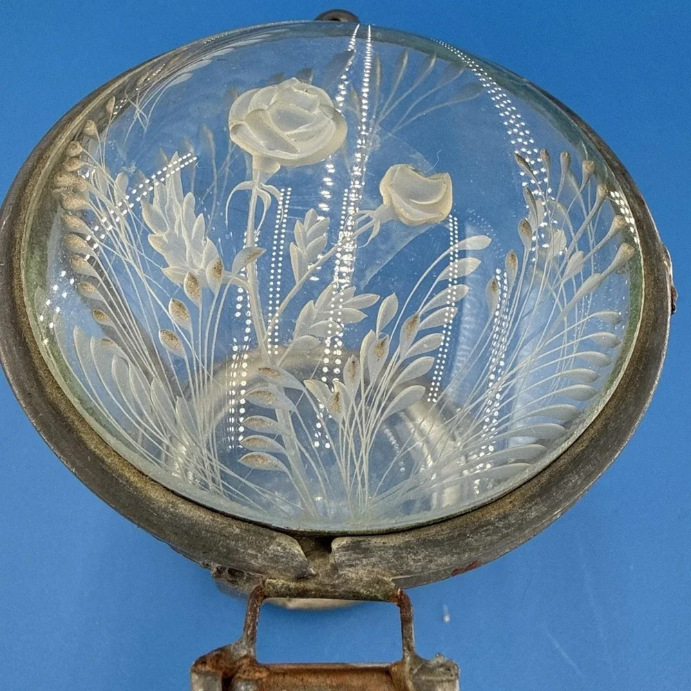VTG Etched Rose Glass Powder Jar Vanity Box Metal Frame